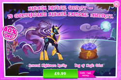 Size: 1965x1300 | Tagged: safe, gameloft, idw, nightmare rarity, pony, unicorn, g4, my little pony: magic princess, advertisement, armor, costs real money, english, female, helmet, horn, idw showified, introduction card, magic coins, mare, mobile game, numbers, sale, solo, text