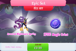 Size: 1267x860 | Tagged: safe, gameloft, idw, nightmare rarity, pony, unicorn, g4, my little pony: magic princess, armor, bundle, costs real money, english, epic set, female, helmet, horn, idw showified, magic coins, mare, mobile game, numbers, sale, solo, text