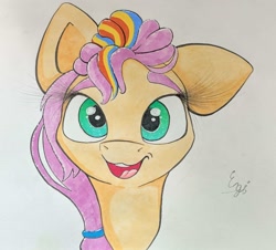 Size: 1825x1653 | Tagged: safe, artist:engi, sunny starscout, earth pony, pony, g5, cute, floppy ears, happy, looking at you, mane stripe sunny, one ear down, open mouth, simple background, solo, traditional art, watercolor painting