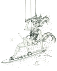 Size: 1100x1371 | Tagged: safe, artist:baron engel, starlight glimmer, bird, unicorn, anthro, unguligrade anthro, g4, black and white, clothes, female, grayscale, kite, kiteboarding, mare, monochrome, one-piece swimsuit, pencil drawing, simple background, surfboard, swimsuit, that pony sure does love kites, traditional art, water, white background