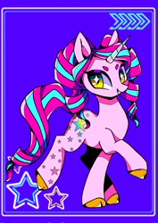 Size: 1448x2048 | Tagged: safe, artist:stacy_165cut, oc, oc only, pony, unicorn, cascading cutie mark, grin, looking at you, raised hoof, raised leg, simple background, smiling, solo, stars, tail