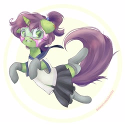 Size: 2160x2160 | Tagged: safe, artist:colorbrush, oc, oc only, oc:crazzykon, pony, unicorn, abstract background, blouse, clothes, female, floppy ears, green eyes, gritted teeth, high res, horn, looking sideways, mare, mask, ponytail, purple mane, school uniform, signature, skirt, smiling, socks, stockings, teeth, thigh highs, unicorn oc