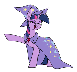 Size: 1229x1147 | Tagged: safe, artist:moonatik, twilight sparkle, pony, unicorn, g4, accessory swap, cape, clothes, female, hat, mare, simple background, smug, solo, the great and powerful, transparent background, trixie's cape, trixie's hat, unicorn twilight
