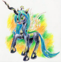 Size: 2050x2096 | Tagged: safe, artist:yuzumiso, queen chrysalis, changeling, changeling queen, g4, fangs, female, high res, open mouth, raised hoof, solo, traditional art, watercolor painting