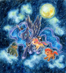Size: 2182x2406 | Tagged: safe, artist:yuzumiso, princess luna, alicorn, earth pony, pegasus, pony, unicorn, children of the night, g4, cloud, flying, foal, full moon, high res, moon, night, stars, traditional art, watercolor painting