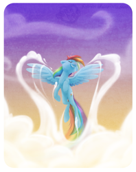 Size: 1269x1600 | Tagged: safe, artist:kiki-kit, rainbow dash, pegasus, pony, g4, cloud, cloudy, cute, dashabetes, eyes closed, female, flying, grin, mare, sky, smiling, solo, spread wings, wings