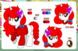 Size: 1100x732 | Tagged: safe, artist:jennieoo, oc, alicorn, pony, bow, braid, clothes, commission, hair bow, hoodie, looking at you, reference, reference sheet, simple background, smiling, smiling at you, smug, solo, suspicious, tail