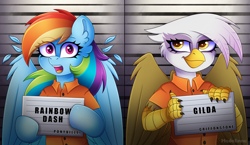 Size: 4200x2431 | Tagged: safe, artist:madelinne, gilda, rainbow dash, griffon, pegasus, pony, g4, barbie, barbie (film), barbie mugshot meme, clothes, duo, halfbody, jail, meme, mugshot, name, prison outfit, prisoner gilda, prisoner rd, smiling, surprised