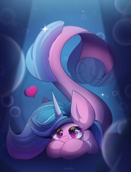 Size: 1750x2300 | Tagged: safe, artist:miryelis, izzy moonbow, mermaid, merpony, pony, seapony (g4), unicorn, g5, my little pony: a new generation, :3, big ears, big eyes, blue mane, blue tail, bubble, crepuscular rays, cute, digital art, eye clipping through hair, eyelashes, female, fish tail, floating heart, flowing mane, heart, high res, hilarious in hindsight, horn, izzybetes, long hair, looking at you, mermaidized, ocean, pink eyes, purple eyes, redraw, seaponified, seapony izzy moonbow, signature, smiling, smiling at you, solo, species swap, sunlight, tail, underwater, water