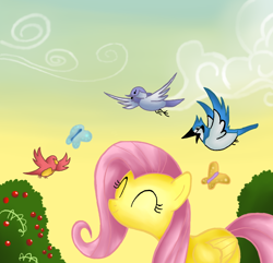 Size: 800x772 | Tagged: safe, artist:ricky125, fluttershy, bird, blue jay, butterfly, pegasus, pony, g4, ^^, cute, eyes closed, female, mare, shyabetes, smiling, solo, standing