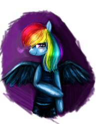 Size: 538x688 | Tagged: safe, artist:ricky125, rainbow dash, pegasus, semi-anthro, g4, arm hooves, clothes, female, mare, pants, shy, solo, spread wings, tank top, wings