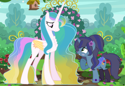 Size: 4808x3328 | Tagged: safe, artist:connor-rk800-343, artist:savannah-london, princess celestia, oc, oc:savannah london, alicorn, pony, unicorn, g4, absurd resolution, alternate hairstyle, artificial wings, augmented, base used, bisexual pride flag, blushing, bracelet, canon x oc, celestia day, chest fluff, clothes, colored wings, concave belly, cute, duo, duo female, female, flower, flower in hair, folded wings, grin, horn, jewelry, lesbian, lightly watermarked, looking at each other, looking at someone, magic, magic wings, mare, missing accessory, pride, pride flag, raised hoof, raised leg, savannahlestia, shipping, shipping fuel, shoes, slender, smiling, smiling at each other, thin, unicorn oc, watermark, wings