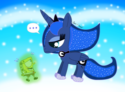 Size: 2308x1707 | Tagged: safe, artist:harmonybunny2023, princess luna, alicorn, pony, g4, crossover, disappointed, disappointment, dots, dream, dream walker luna, lidded eyes, male, nickelodeon, speech bubble, speechless, spongebob squarepants, spongebob squarepants (character), sweat, sweatdrops, unexpected