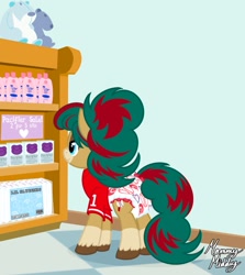 Size: 1462x1640 | Tagged: source needed, safe, artist:mommymidday, oc, oc only, pony, abdl, butt, diaper, diaper fetish, diaper package, female, fetish, indoors, latex, lotion, mare, non-baby in diaper, pacifier, plushie, room, shelf, solo, store, tail, tail hole