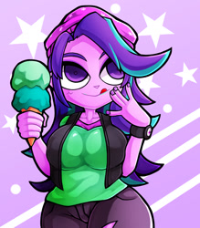 Size: 1350x1543 | Tagged: safe, artist:kyouman1010, starlight glimmer, human, equestria girls, g4, beanie, big breasts, breasts, busty starlight glimmer, clothes, female, food, hat, ice cream, smiling, solo, tongue out, vest, watch, wide hips