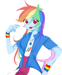 Size: 690x831 | Tagged: safe, artist:rainn__1026, rainbow dash, human, equestria girls, g4, bust, clothes, jacket, looking at you, open mouth, simple background, smiling, solo, white background