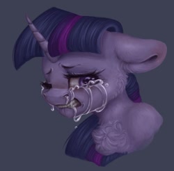 Size: 987x970 | Tagged: safe, artist:melodylibris, twilight sparkle, alicorn, pony, g4, bust, cheek fluff, chest fluff, crying, female, floppy ears, gritted teeth, mare, one eye closed, runny nose, sad, simple background, solo, teeth, twilight sparkle (alicorn)
