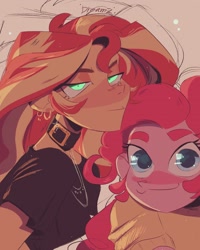 Size: 1440x1800 | Tagged: safe, artist:dreamz, pinkie pie, sunset shimmer, human, equestria girls, g4, belt buckle, clothes, collar, duo, ear piercing, earring, jewelry, looking at you, necklace, piercing, shirt, t-shirt