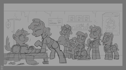 Size: 3600x2000 | Tagged: safe, artist:php104, oc, oc only, oc:calamity, oc:candi, oc:littlepip, oc:railright, earth pony, pegasus, pony, unicorn, fallout equestria, bed, hat, high res, ministry of peace, monochrome, new appleloosa, nurse, pillow, sketch
