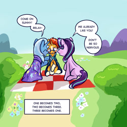 Size: 1752x1752 | Tagged: safe, artist:magician-horse, starlight glimmer, sunburst, trixie, pony, unicorn, g4, bisexual, blaze (coat marking), coat markings, facial hair, facial markings, female, goatee, lesbian, lucky bastard, male, mare, polyamory, ship:starburst, ship:startrix, ship:startrixburst, ship:trixburst, shipping, socks (coat markings), stallion, straight, sunburst gets all the mares, trio