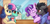 Size: 1415x684 | Tagged: safe, artist:zeepheru, bon bon, king sombra, lyra heartstrings, starlight glimmer, sweetie drops, earth pony, pony, unicorn, g4, blushing, cheek fluff, chest fluff, clothes, drink, drinking, drinking straw, ear fluff, eyes closed, female, group, hug, looking at someone, male, mare, quartet, restaurant, smiling, stallion, sweater, table, window