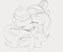 Size: 1028x855 | Tagged: safe, artist:dotkwa, fluttershy, gentle breeze, pegasus, pony, g4, cute, daaaaaaaaaaaw, duo, eyes closed, father and child, father and daughter, father's day, female, filly, filly fluttershy, foal, gray background, grayscale, hug, male, monochrome, simple background, sketch, younger