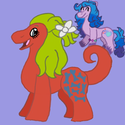 Size: 1000x1000 | Tagged: safe, artist:mintwhistle, cutesaurus, izzy moonbow, dinosaur, pony, unicorn, g1, g5, atg 2023, bow, bracelet, colored hooves, duo, duo female, eyes closed, female, friendship, friendship bracelet, g1 to g5, generation leap, hair bow, happy, jewelry, looking back, mare, medibang paint, newbie artist training grounds, open mouth, open smile, pony friends, purple background, simple background, smiling, standing, unshorn fetlocks