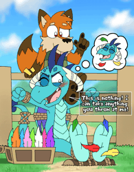 Size: 1000x1280 | Tagged: safe, artist:lillyluvmonster, princess ember, oc, oc:xion, fox, anthro, g4, animated, anthro oc, barefoot, bondage, bound tail, bound wings, challenge, commission, dialogue, enjoying, feather, feet, fence, fetish, flushed face, foot fetish, foot tickling, helpless, laughing, magic, one eye closed, one eye open, outdoors, rope, rope bondage, sitting, speech bubble, struggling, tail, teary eyes, telekinesis, thought bubble, tickle fetish, tickle torture, tickling, tied down, wiggling toes, wings