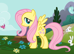 Size: 570x420 | Tagged: safe, fluttershy, bird, pegasus, pony, rabbit, g4, official, animal, female, flower, hubworld, mare, solo, spread wings, stock vector, tree stump, wings
