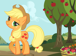 Size: 570x420 | Tagged: safe, applejack, earth pony, pony, g4, official, apple, apple basket, female, food, hubworld, mare, solo, stock vector, sweet apple acres