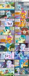 Size: 1282x3304 | Tagged: safe, edit, edited screencap, screencap, gallus, ocellus, sandbar, silverstream, smolder, yona, changedling, changeling, dragon, earth pony, griffon, hippogriff, pony, yak, comic:celestia's servant interview, g4, non-compete clause, school daze, uprooted, book, caption, cheering, comic, cs captions, image macro, interview, lake, scared, screencap comic, student six, text, water