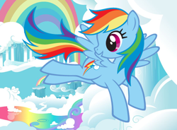 Size: 570x420 | Tagged: safe, rainbow dash, pegasus, pony, g4, official, cloud, cloudsdale, female, flying, hubworld, liquid rainbow, mare, rainbow, solo, stock vector, wings