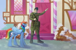 Size: 3500x2321 | Tagged: safe, artist:djkaskan, rainbow dash, human, pegasus, pony, g4, clothes, fanfic art, female, high res, male, mare, military uniform, ponyville, red army, uniform, uniform hat, valery chkalov