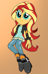 Size: 1329x2048 | Tagged: safe, artist:tenebrousmelancholy, sunset shimmer, human, equestria girls 10th anniversary, equestria girls, g4, boots, digital art, female, gradient background, orange background, shoes, solo