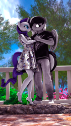 Size: 2160x3840 | Tagged: safe, artist:shadowuwu, rarity, oc, oc:sound shock, alien, alien pony, pegasus, unicorn, anthro, plantigrade anthro, g4, 3d, black sclera, blue sky, bush, canon x oc, clothes, cloud, commission, couple, date, denim, dress, duo, feet, female, fence, hand on chest, hand on shoulder, high heels, high res, holding hands, horn, jeans, looking at each other, looking at someone, male, mare, nail polish, open-toed shoes, pants, rarishock, road, romance, romantic, sandals, shipping, shirt, shoes, sneakers, source filmmaker, stallion, straight, sundress, t-shirt, toenail polish, toenails, toes, tree, wings, ych result