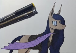 Size: 1280x892 | Tagged: safe, artist:darkhestur, oc, oc only, oc:dark, bat pony, bat pony oc, braid, braided tail, clothes, fangs, jacket, leather, leather jacket, male, marker drawing, simple background, solo, stallion, standing, tail, traditional art, white background