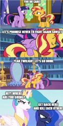 Size: 500x1002 | Tagged: safe, edit, edited screencap, screencap, princess celestia, princess luna, sunset shimmer, twilight sparkle, alicorn, pony, unicorn, equestria girls, equestria girls series, forgotten friendship, g4, season 9, the ending of the end, angry, caption, comic, crown, eyes closed, female, folded wings, frown, group, hug, jewelry, mare, meme, mirror portal, open mouth, peytral, quartet, quote, reference, regalia, royal sisters, screencap comic, siblings, sisters, smiling, spongebob reference, spongebob squarepants, text, the fry cook games, twilight sparkle (alicorn), wings