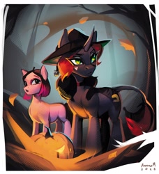 Size: 3391x3721 | Tagged: safe, artist:annna markarova, oc, oc only, earth pony, pony, unicorn, autumn leaves, duo, halloween, hat, high res, holiday, jack-o-lantern, leaves, leonine tail, pumpkin, signature, tail