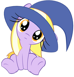 Size: 2152x2228 | Tagged: safe, artist:mraagh, oc, oc only, oc:maze, earth pony, pony, cute, female, filly, foal, hat, head tilt, high res, lavender coat, long eyelashes, looking at you, simple background, sitting, solo, transparent background, underhoof, yellow mane