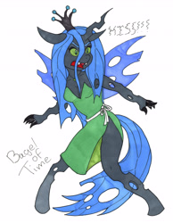 Size: 4035x5200 | Tagged: safe, artist:bageloftime, queen chrysalis, changeling, changeling queen, anthro, unguligrade anthro, g4, breasts, cleavage, clothes, dress, female, hissing, simple background, solo, traditional art, white background