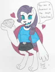 Size: 1072x1400 | Tagged: safe, artist:bageloftime, rarity, diamond dog, g4, clothes, collar, diamond, diamond dog rarity, diamond dogified, female, gem, heart, raridog, shirt, skirt, solo, species swap, speech bubble, traditional art