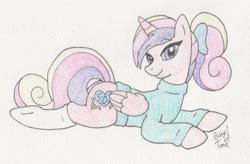 Size: 1400x918 | Tagged: safe, artist:bageloftime, princess cadance, alicorn, pony, g4, bow, clothes, female, hair bow, looking at you, lying down, mare, ponytail, prone, socks, solo, sploot, sweater, tail, tail bow, teen princess cadance, traditional art