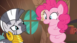 Size: 1920x1080 | Tagged: safe, screencap, pinkie pie, zecora, earth pony, pony, zebra, g4, it isn't the mane thing about you, season 7, cartoon physics, coiling, duo, duo female, ear piercing, earring, faic, female, frown, gomu gomu no mi, jewelry, mare, neck rings, open mouth, open smile, piercing, pinkie being pinkie, pinkie physics, smiling, spiral, twisted neck, zecora's hut