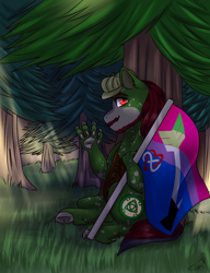 Size: 856x1112 | Tagged: safe, artist:fluffyghost, oc, oc:well geboren, dog, dog pony, earth pony, original species, pony, aromantic pride arrow, aromantic pride flag, bisexual pride flag, clothes, facial hair, forest, hat, pine tree, polyamory, polyamory heart, polyamory pride flag, pride, pride flag, pride month, solo, tree, vest