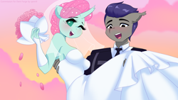Size: 3648x2058 | Tagged: safe, artist:xjenn9, ocellus, oc, anthro, g4, breasts, busty ocellus, canon x oc, clothes, dress, duo, female, high res, male, marriage, straight, wedding, wedding dress, ych example, your character here