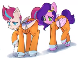 Size: 1671x1256 | Tagged: safe, artist:haichiroo, pipp petals, zipp storm, pegasus, pony, g5, bound wings, chained, chains, clothes, commissioner:rainbowdash69, duo, jumpsuit, never doubt rainbowdash69's involvement, prison outfit, prisoner pipp, prisoner zipp, simple background, white background, wings