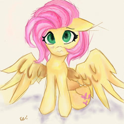 Size: 1280x1281 | Tagged: safe, artist:paintedskies, fluttershy, pegasus, pony, g4, looking at you, sketch, solo, spread wings, traditional art, watercolor painting, wings