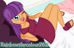 Size: 2460x1592 | Tagged: safe, artist:rainbowstarcolour262, ginger owlseye, human, equestria girls, g4, breasts, busty ginger owlseye, cleavage, clothes, cute, dress, female, legs, lipstick, looking at you, one eye closed, open mouth, open smile, open-toed shoes, owlabetes, shoes, signature, sitting, smiling, solo, wink, winking at you