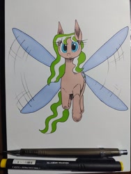 Size: 1200x1600 | Tagged: safe, artist:darkhestur, oc, oc only, oc:dustlight, flutter pony, female, flying, looking at you, mare, marker drawing, simple background, solo, traditional art, transparent wings, white background, wings