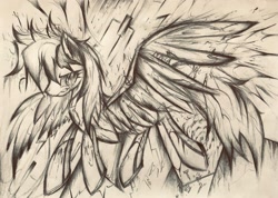 Size: 2161x1536 | Tagged: safe, artist:lydia, rainbow dash, pegasus, pony, robot, robot pony, g4, abstract, broken, crash, dark, machinery, pain, pencil drawing, rainbot dash, roboticization, sketch, spread wings, traditional art, wings